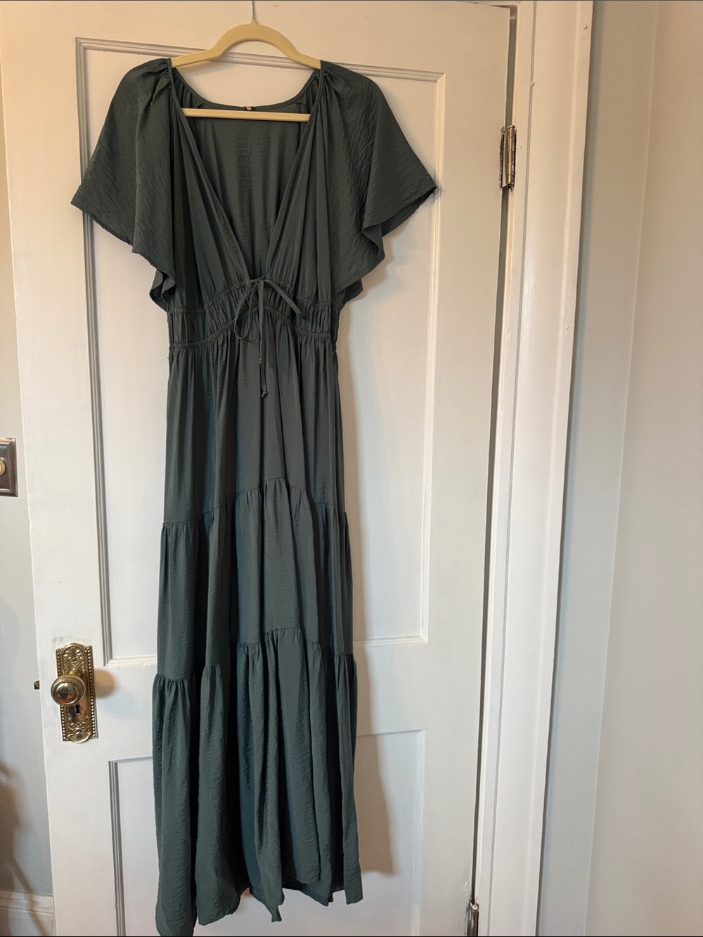 Flutter Sleeve Sage Green Maxi Dress with Tie Waist